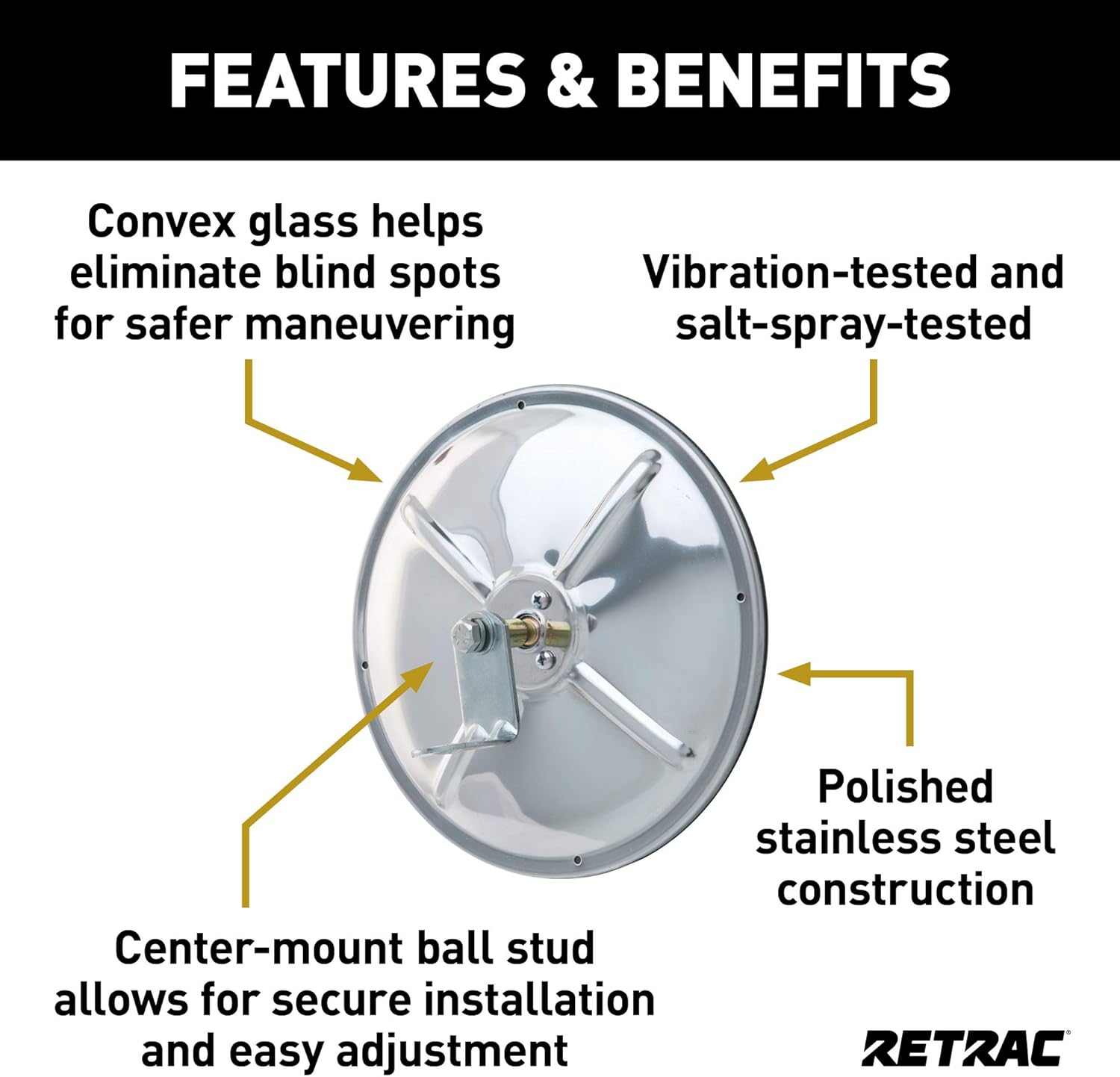 RETRAC 610673 8-Inch Stainless Steel Center-Mount Convex Mirror Head with J-Bracket, Universal Driver or Passenger Side