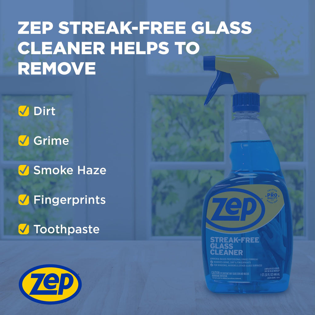 Zep Streak-Free Glass Cleaner - 32 Oz (Case of 4) ZU112032- Professional Grade Formula that Cleans Dirt, Fingerprints, Grime, Smoke Haze, and Toothpaste on Windows, Mirrors, and Other Glass Surfaces