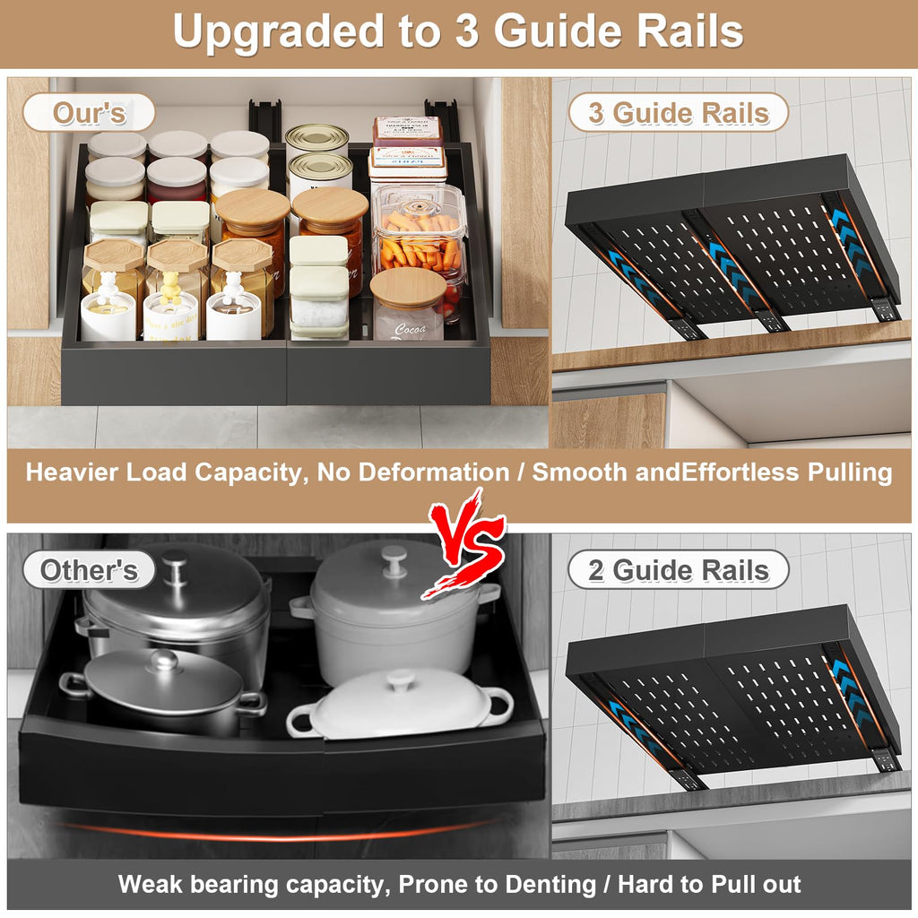 Pull out Cabinet Organizer,Width (11"-16") and Depth (17"-24") Expandable With 3 Rails,No Drill Adjustable Slide out Drawers for Kitchen,Pantry,Adhesive Roll out Shelves,for Cabinets without Lip,Black