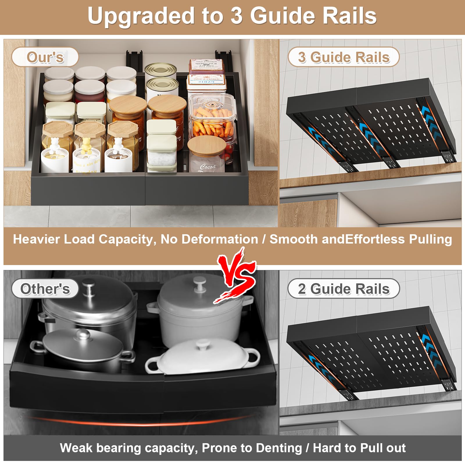 Pull out Cabinet Organizer,Width (11"-16") and Depth (17"-24") Expandable With 3 Rails,No Drill Adjustable Slide out Drawers for Kitchen,Pantry,Adhesive Roll out Shelves,for Cabinets without Lip,Black