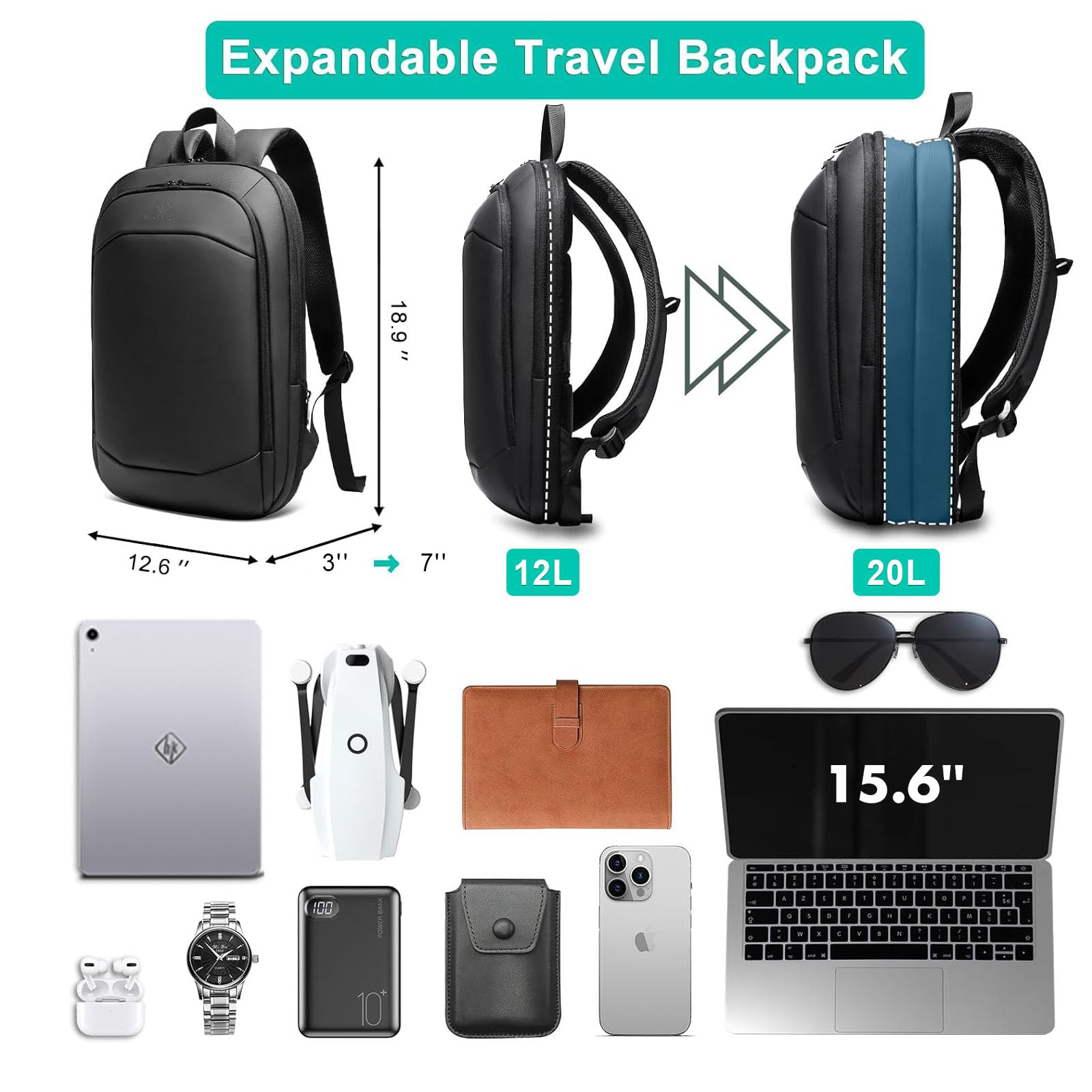 hk Business Backpack for Men 15.6 Inch,Slim & Expandable Waterproof Travel Laptop Backpack, Anti-Theft Lightweight Work Computer Bag, College Laptop Backpacks Gifts for Men Women-Black