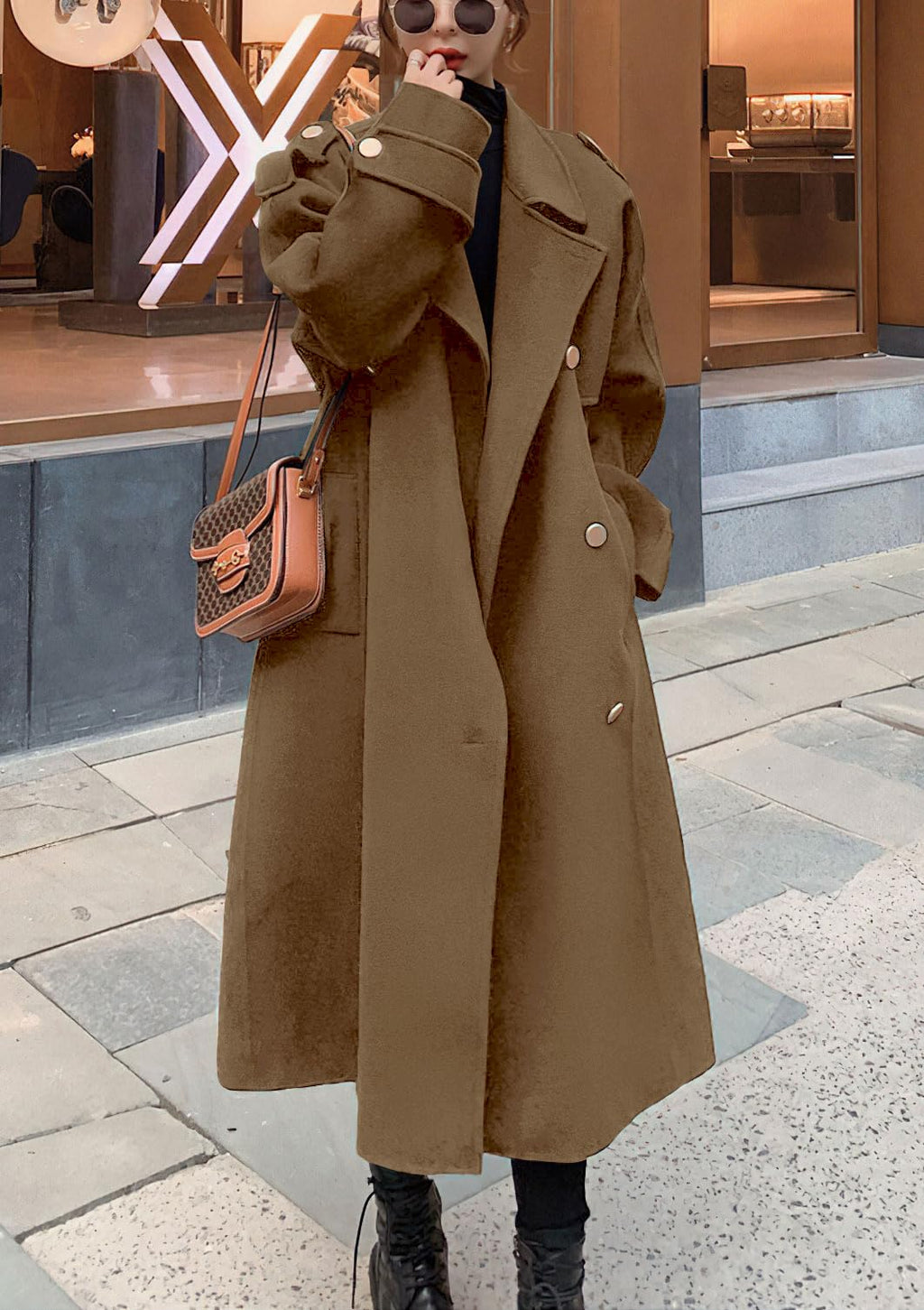 chouyatou Women's Winter Double Breasted Midi Long Wool Pea Coat Notch Lapel Winter Trench Coat