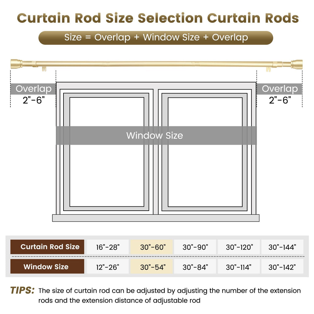 1” Diameter brown curtain rod Itself is 30 to 60 inch. 1 Pack Fits 30-54 inch Windows with Heavy Duty Adjustable brown curtain rods Splicing Metal Extra Long Curtain Rod