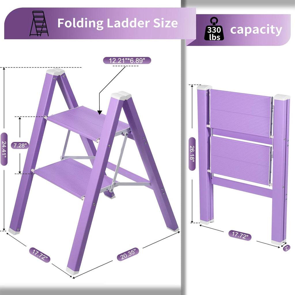 2 Step Lightweight Folding Ladder for Home, 330lbs Aluminum Step Ladder Anti-Slip for Kitchen, Step Stool Foldable Adults for Closet, 330lbs - Black