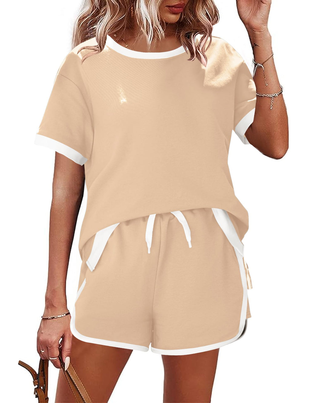 AKEWEI Shorts Sets Women 2 Piece Outfits Casual Short Sleeve Crewneck Tops and Drawstring Shorts Color Block Sets