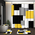 Beige Geometric Shower Curtain Set with Toilet Lid Cover and Non-Slip Rugs for Bathroom, Black Grey White Checkered 4 Pcs Shower Curtain, Modern Abstract Bathroom Set with 12 Hooks