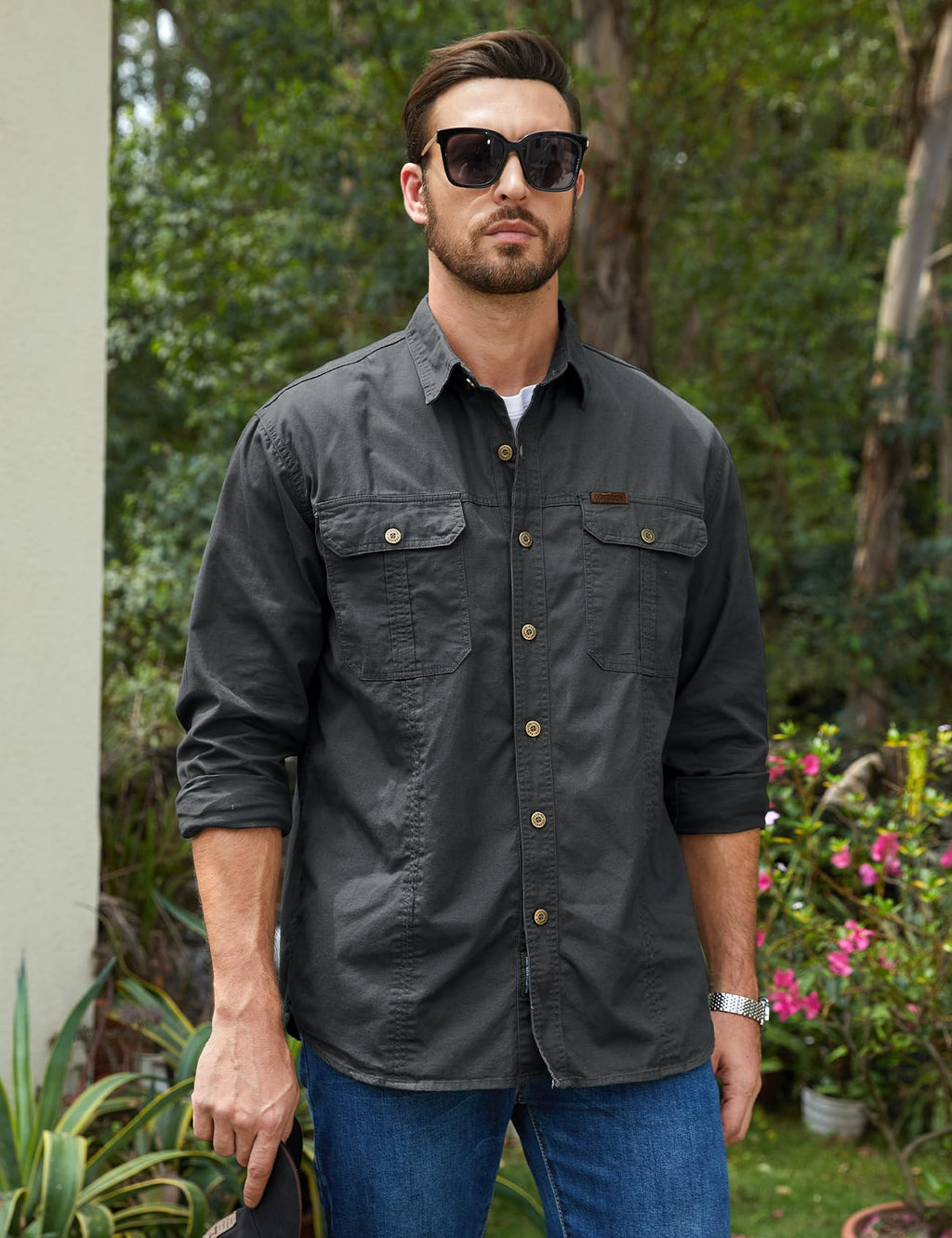 Eisctnd Men's Long Sleeve Cotton Work Shirt Casual Loose Fit Button Down Shirts with 2-Pocket for Outdoor Safari