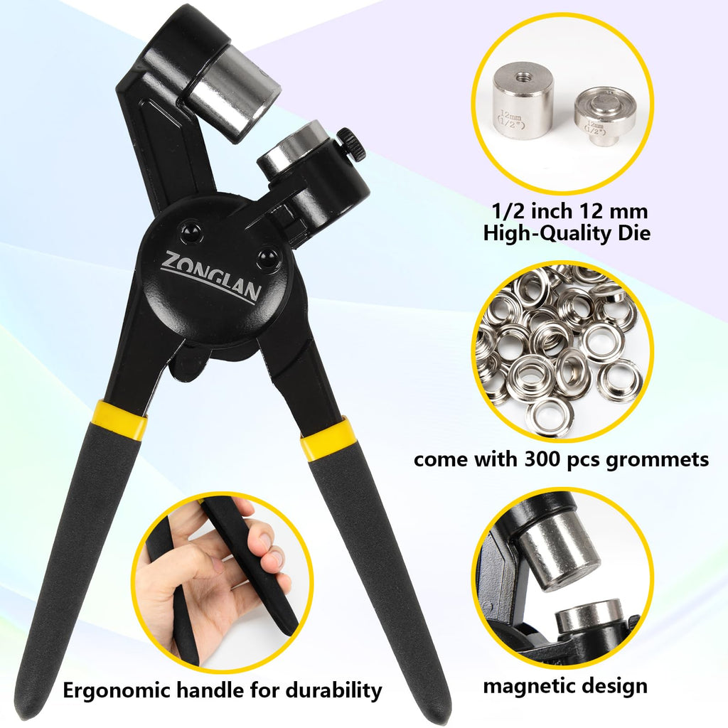 Heavy Duty Grommet Tool Kit with 1/2 Inch Die and 300 Sets of 12MM Grommets,Handheld Manual Eyelet Tool Rivet Press Punch Pliers for Leather Canvas Fabric