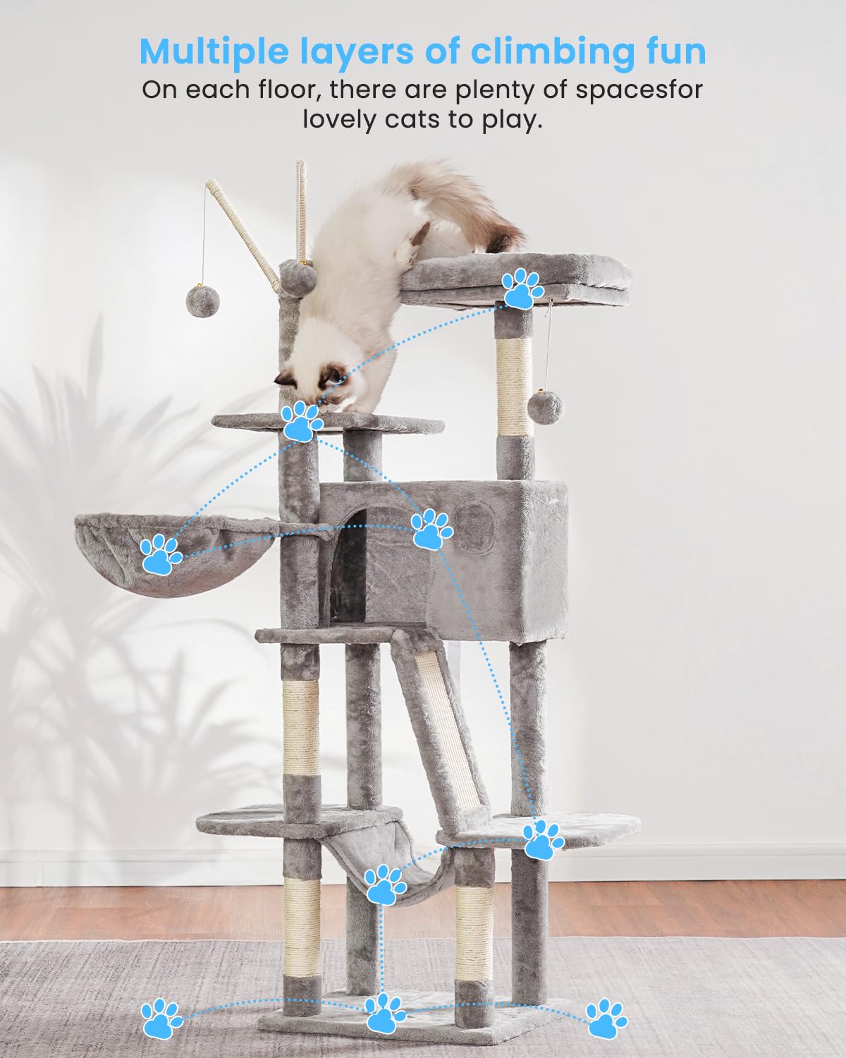 Hey-brother Cat Tree, 53 inch Cat Tower for Indoor Cats, Cat House with Padded Platform Bed, Toy Balls, Large Cozy Condo, Hammocks and Sisal Scratching Posts, Beige MPJ019-SM