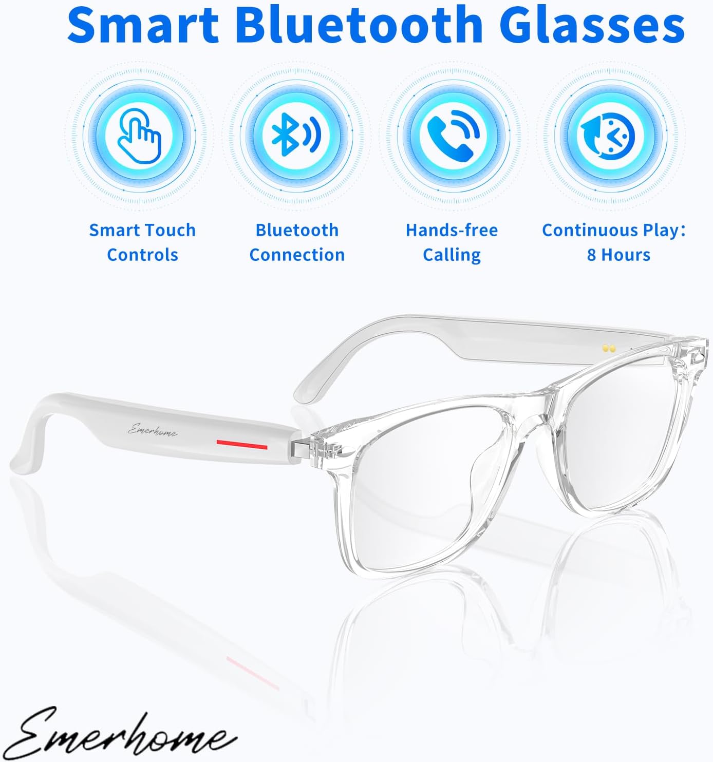 Emerhome Smart Bluetooth Glasses | AI Voice Assistant, Lightweight, 8-Hour Battery Life, Auto Pairing, Touch Control & Stereo Sound for Calls & Music