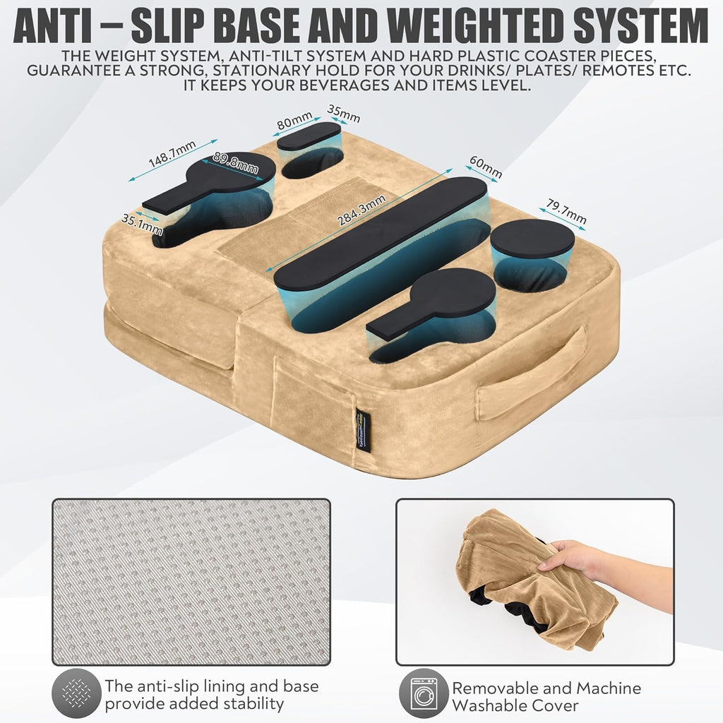 TabCouchCaddy - Couch Cup Holder Tray Pillow - Bed, Couch Caddy, Sofa, RV & Car - Holds Drinks, Snacks, Remotes, Phones, Kindle, Tablet | Bed Cup Holder (Beige)