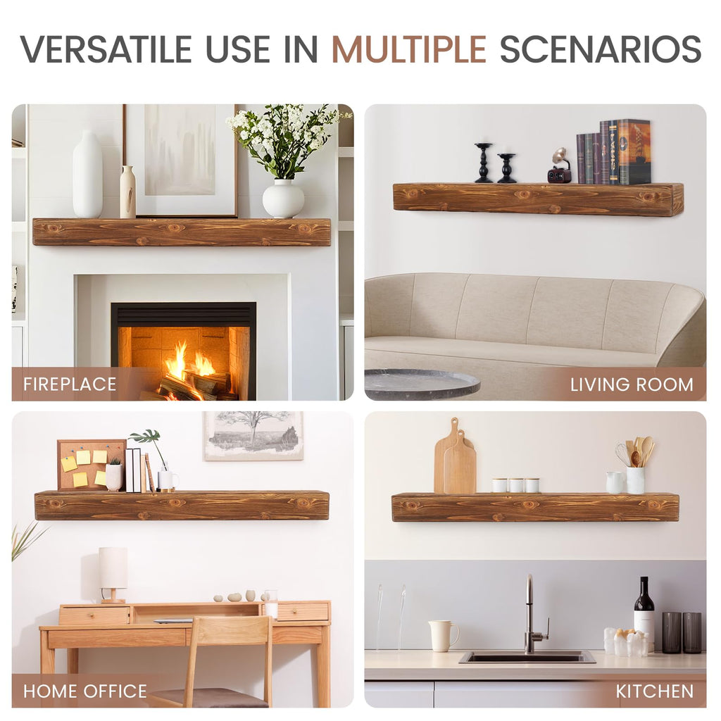 G GOOD GAIN Fireplace Mantel 54inch - Handmade Rustic Wood Mantel for Over Fireplace | Wall Mounted Floating Mantle Shelves for Living Room Decor(Chocolate, 54Lx5Hx8D)