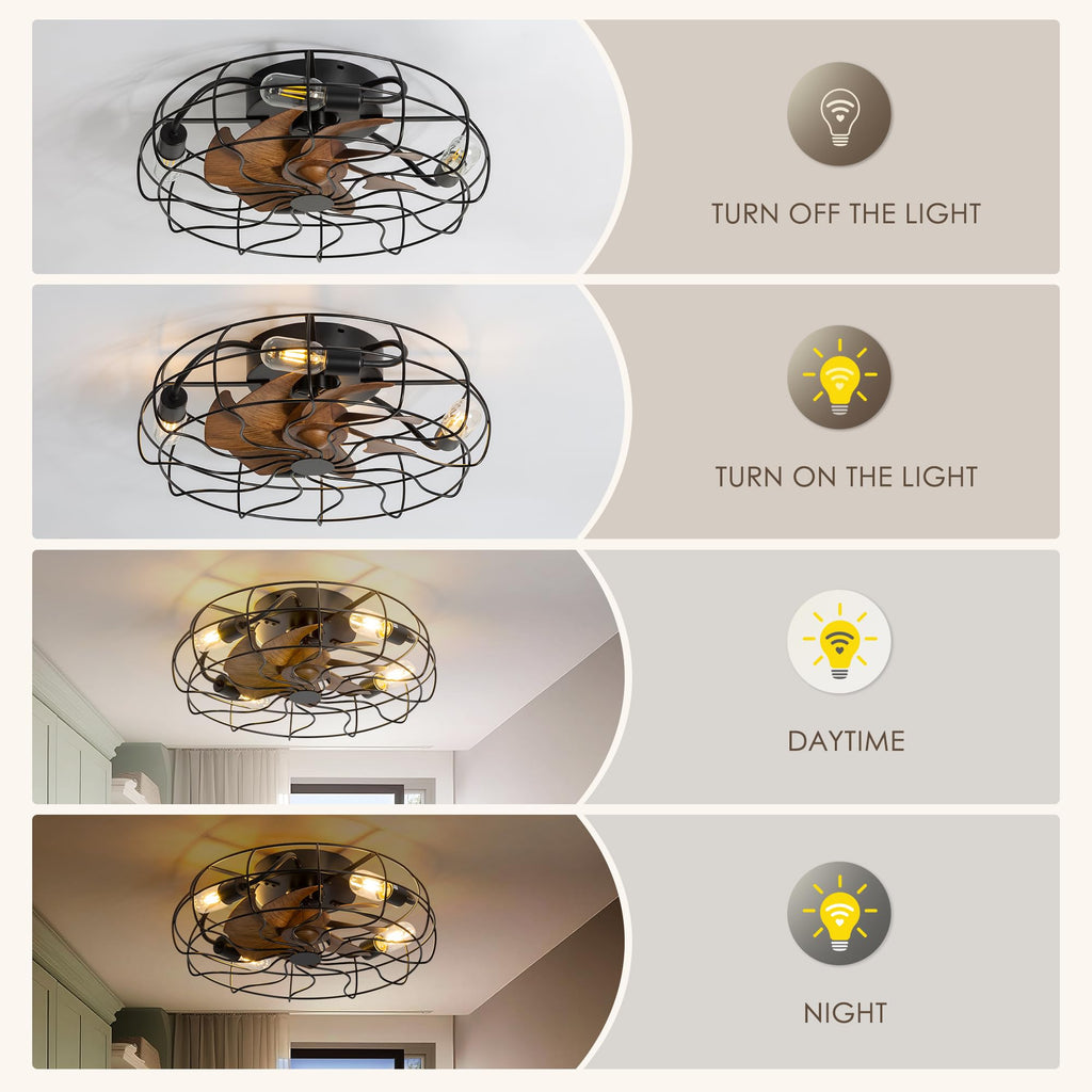 ZYD Caged Ceiling Fan with Light, 20" Ceiling Fan with Lights and Remote Flush Mount, Bladeless Caged Ceiling Fans with Lights, Matte Black Rustic Fan for Bedroom, Kitchen, Dining Room