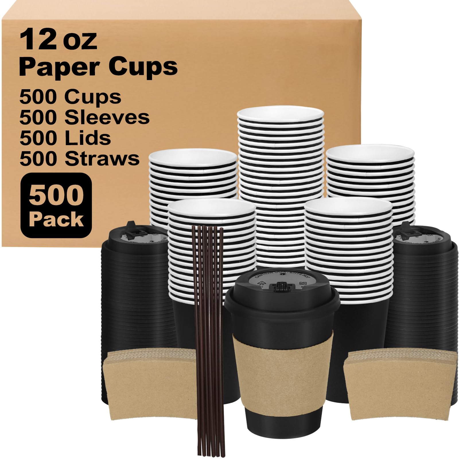 16 oz 100 Pack Corrugated Ripple Wall Disposable Coffee Cups with Lids and Straws, Heavy Duty Insulated Cups for Hot Beverage or Cold Drinks, Bulk for Restaurants, Offices, Coffee Shops(Black)