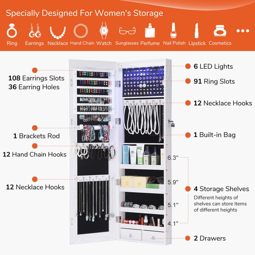 GISSAR Full Length Mirror Jewelry Cabinet, 6 LEDs Jewelry Armoire Wall Mounted Over The Door Hanging, Jewelry Organizer Storage with Lights Lockable, Black, 14.6" x 47.2"