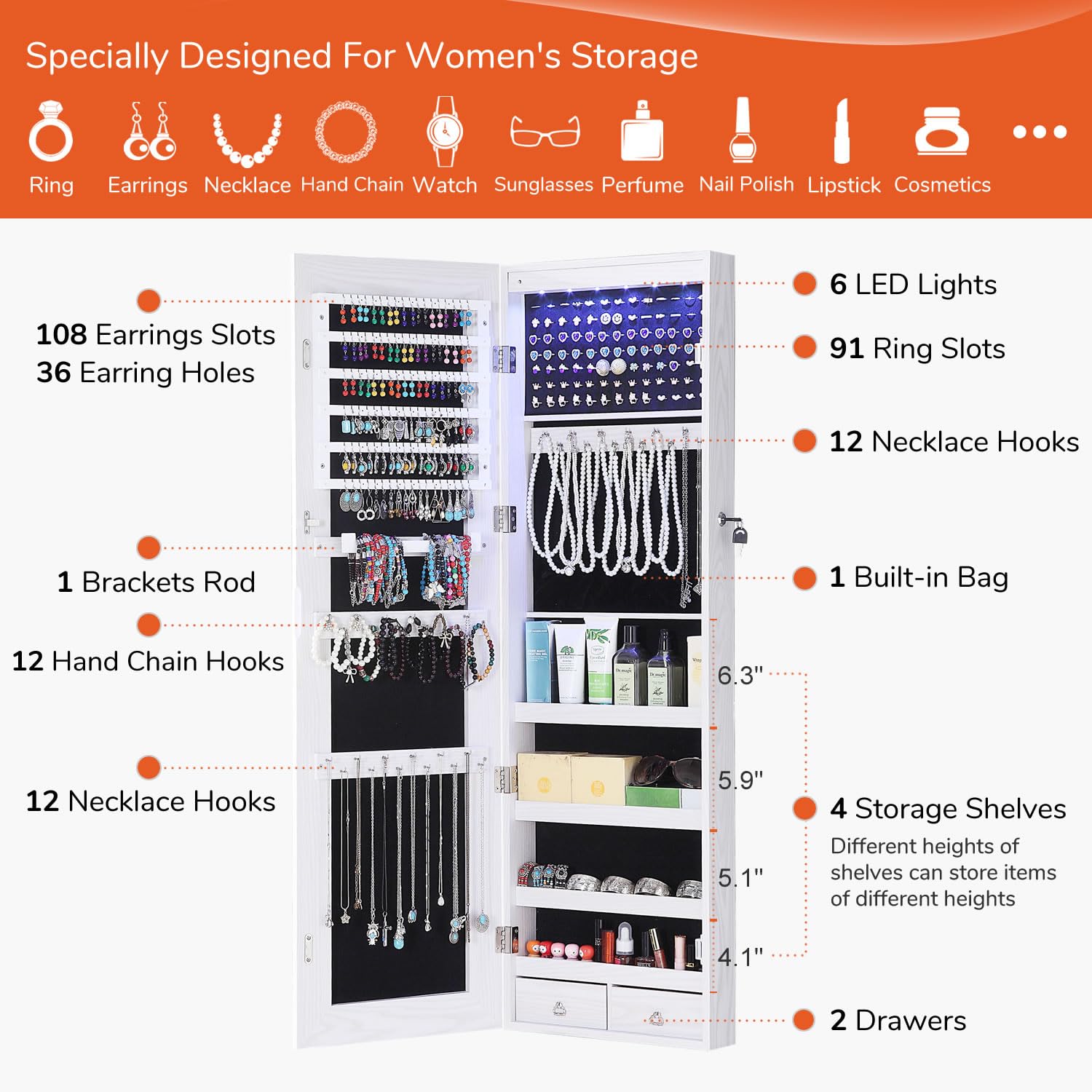 GISSAR Full Length Mirror Jewelry Cabinet, 6 LEDs Jewelry Armoire Wall Mounted Over The Door Hanging, Jewelry Organizer Storage with Lights Lockable, Black, 14.6" x 47.2"