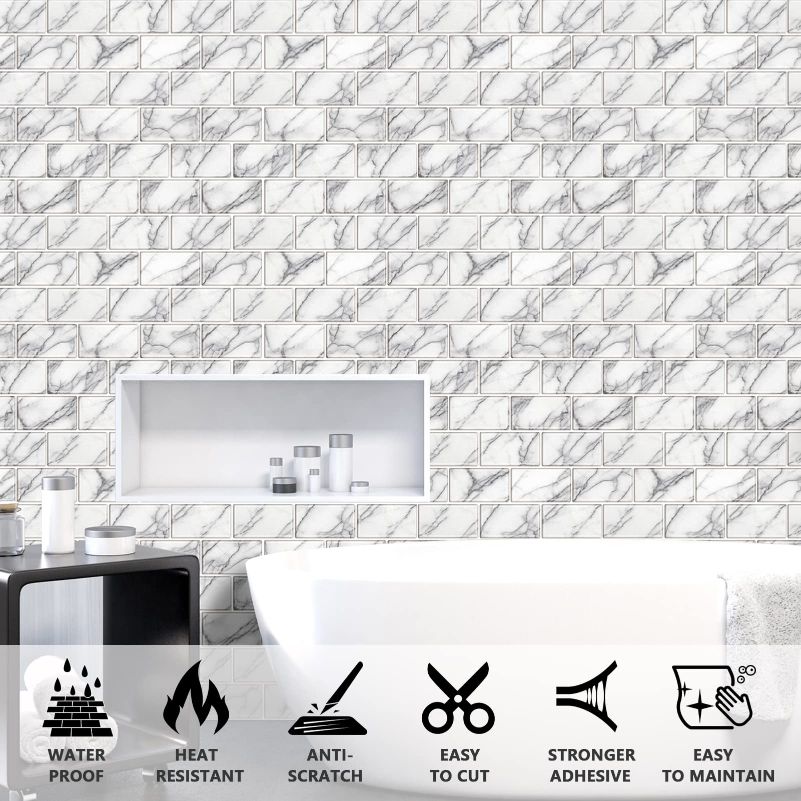URCOLOR 10-Sheet Back Splashes for Kitchens Peel and Stick,12"x12" Self Adhesive Subway Wall Tiles Stick on backsplash Tiles for Bathroom Black Marble