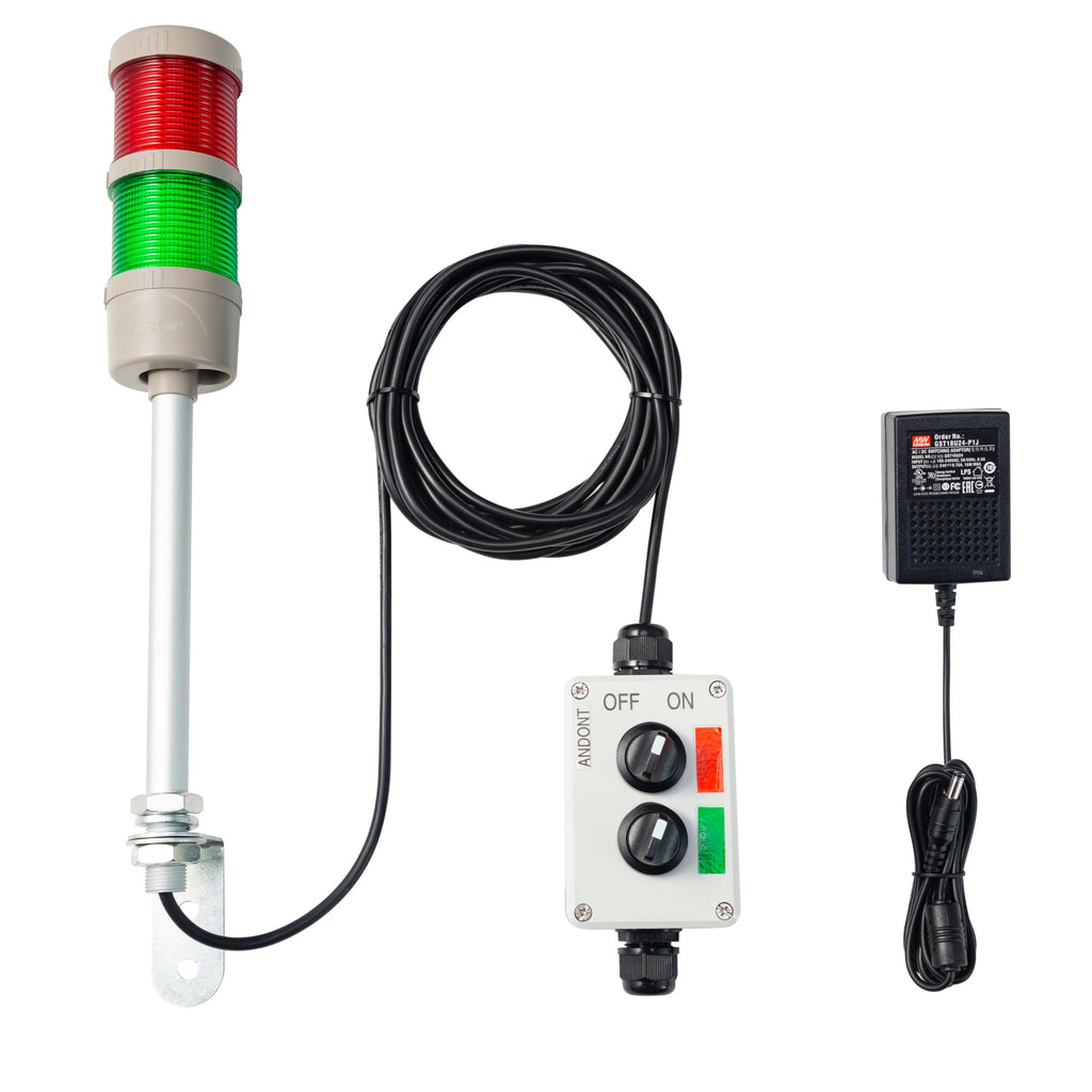 2-Stack LED Andon Tower Light with Buzzer | Industrial Warning Signal, Red/Green,On/Off or Flash, ABB Switch, Mean Well 120V-24V Adapter, Plug-and-Play
