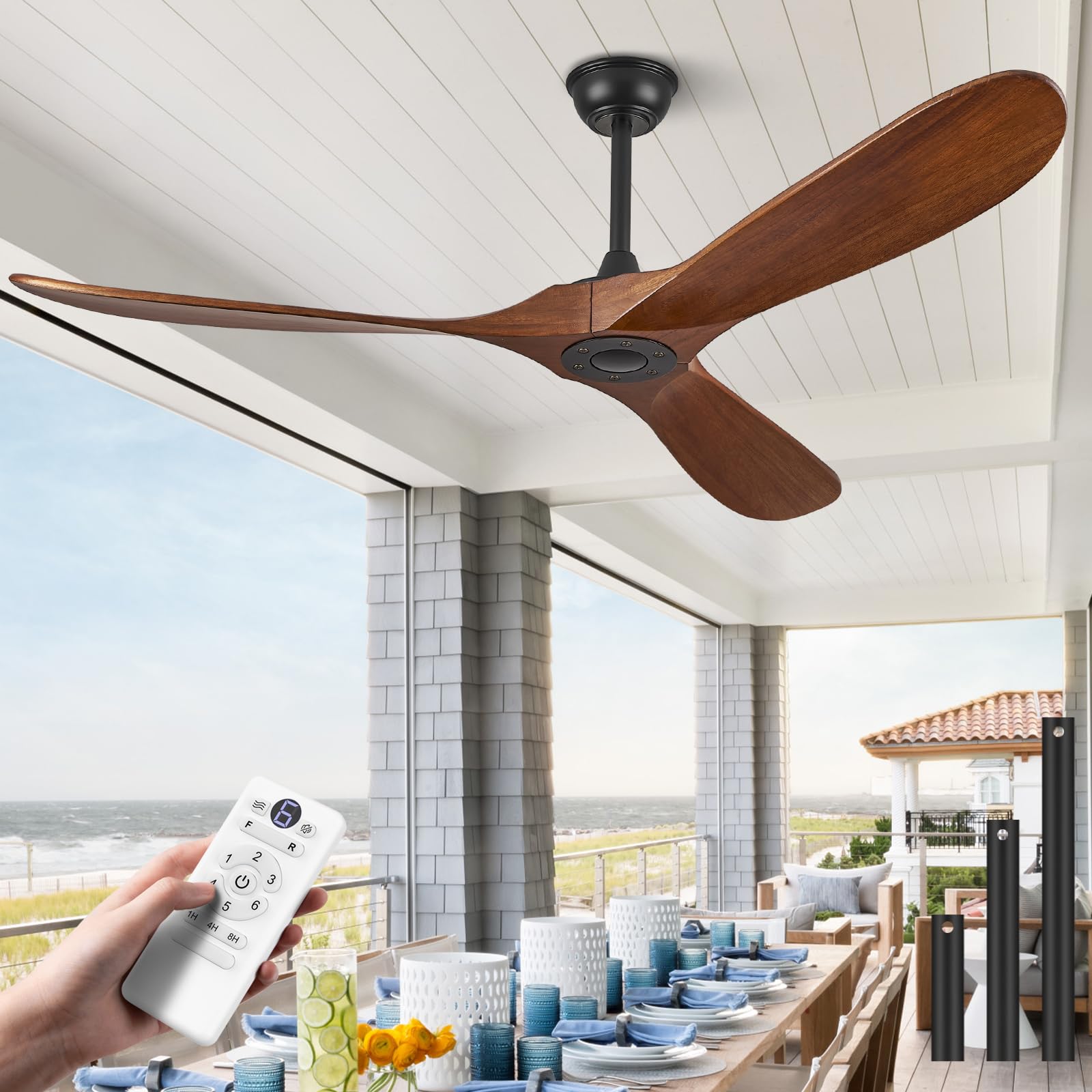 ABZ Ceiling Fans without Lights - 52 Inch Modern Ceiling Fans no Lights with Remote Control, Black 3 Blade Solid Wood Indoor Outdoor Ceiling Fans for Patios Living Room Bedroom