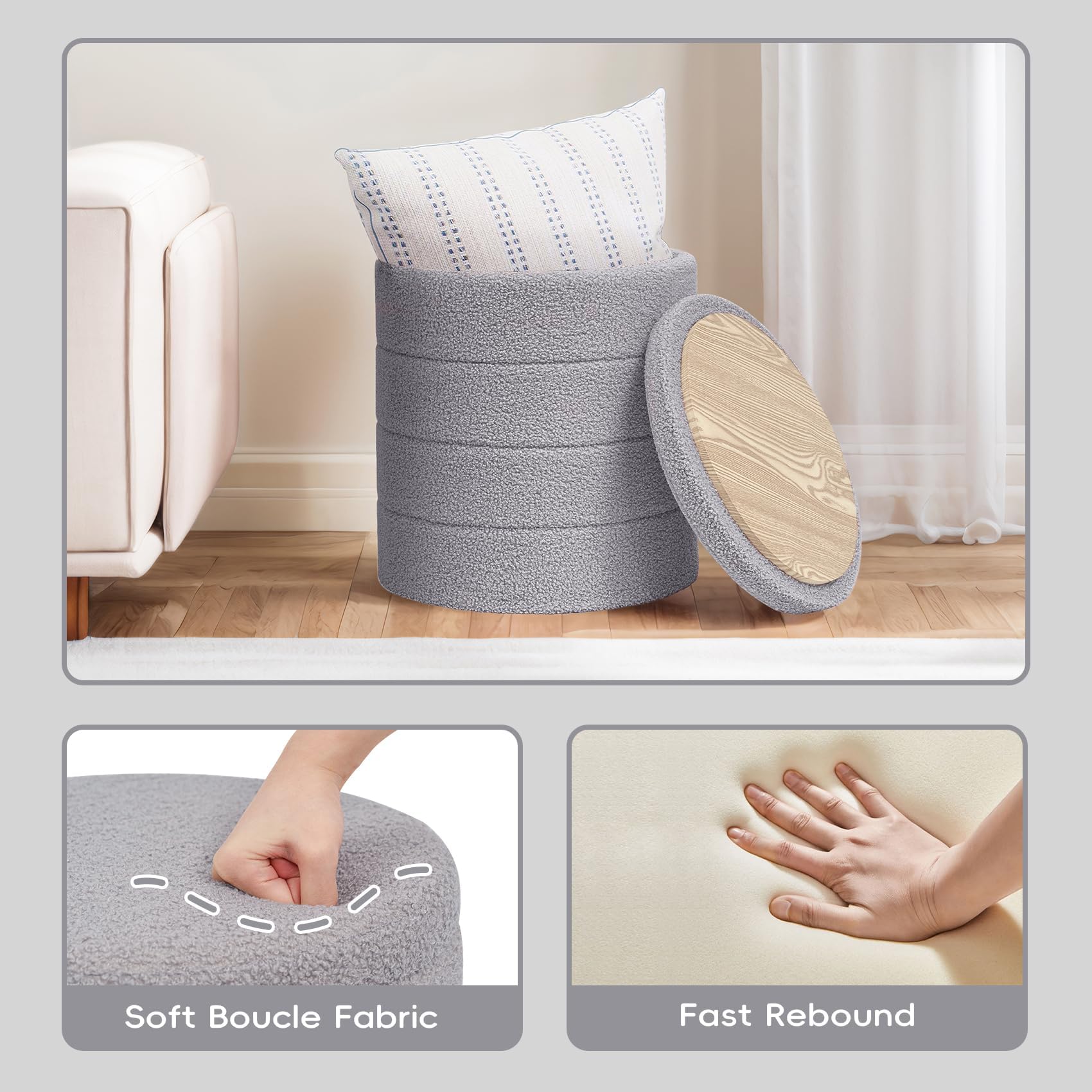PINPLUS Round Storage Ottoman Foot Rest Stool with Tray Velvet Sherpa Folding Storage Ottoman,Boucle Foot Rest for Living Room, Bedroom, Dorm（Beige）