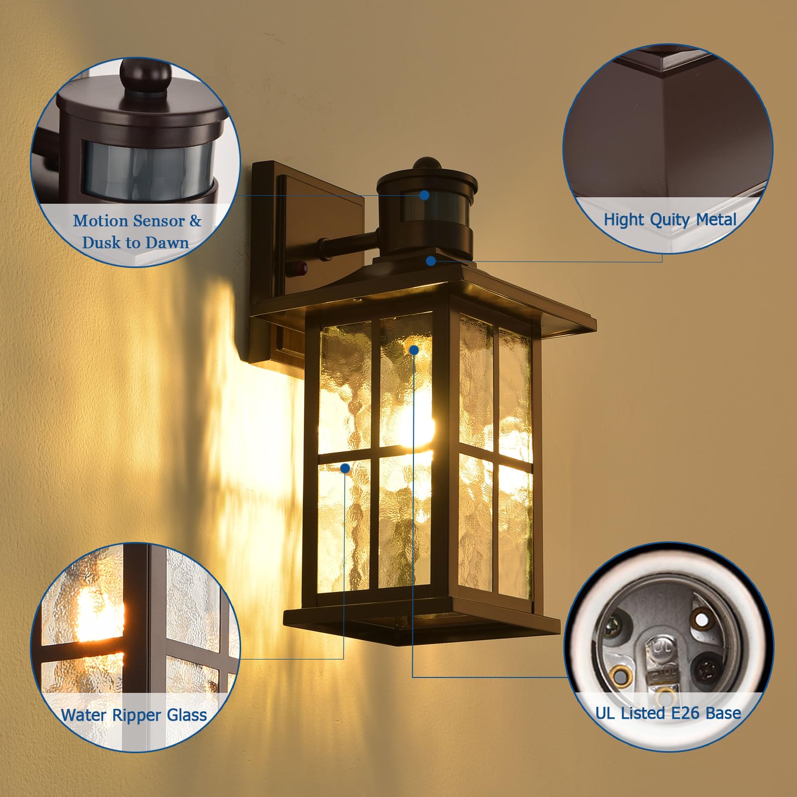 FLEDAVID Motion Sensor Outdoor Wall Light Fixtures Dusk to Dawn Exterior Porch Lantern White Outside Sconce Lighting Rustic Wall Mount Lamp with Water Ripple Glass for House Garage Patio Entryway