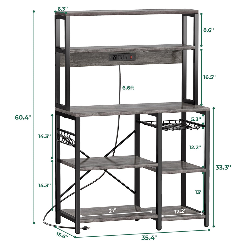 SUPERJARE Bakers Rack with Power Outlet, 35.4 Inches Coffee Bar with Wire Basket, Kitchen Microwave Stand with 6 S-Shaped Hooks, Open Storage Shelves, Black