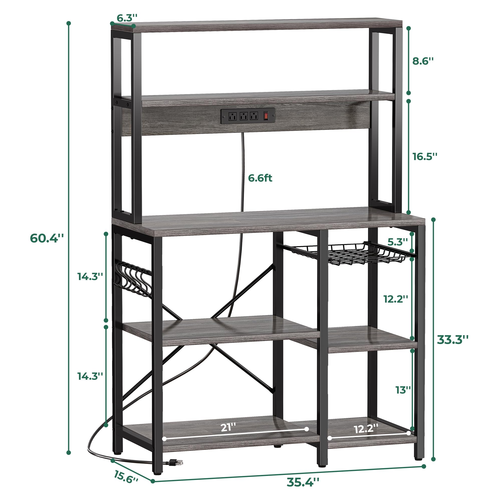 SUPERJARE Bakers Rack with Power Outlet, 35.4 Inches Coffee Bar with Wire Basket, Kitchen Microwave Stand with 6 S-Shaped Hooks, Open Storage Shelves, Black