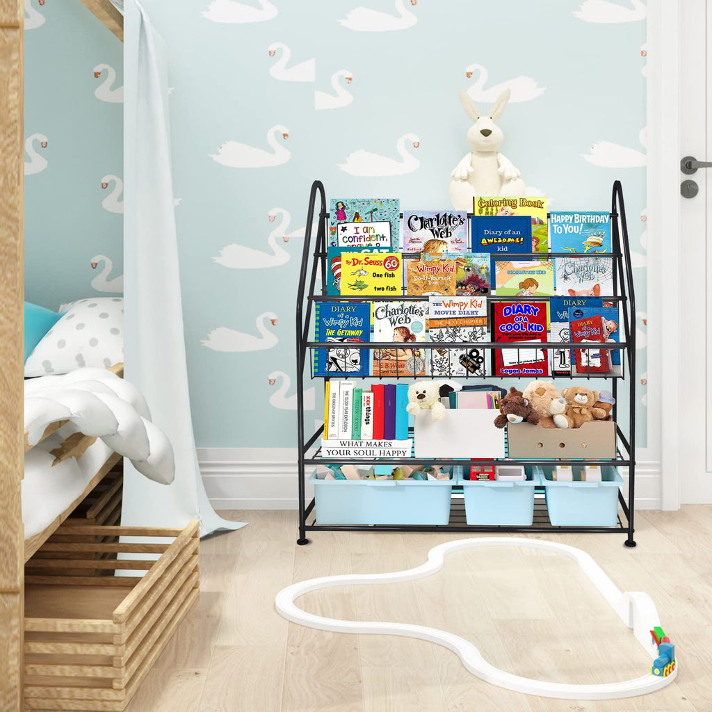 aboxoo Metal Kids Bookshelf Black Large Freestanding for Children Room 32 in Toy Organizer Large Stable Bookcase Bookstore Library Book Unit Storage Kids Bed Living Room