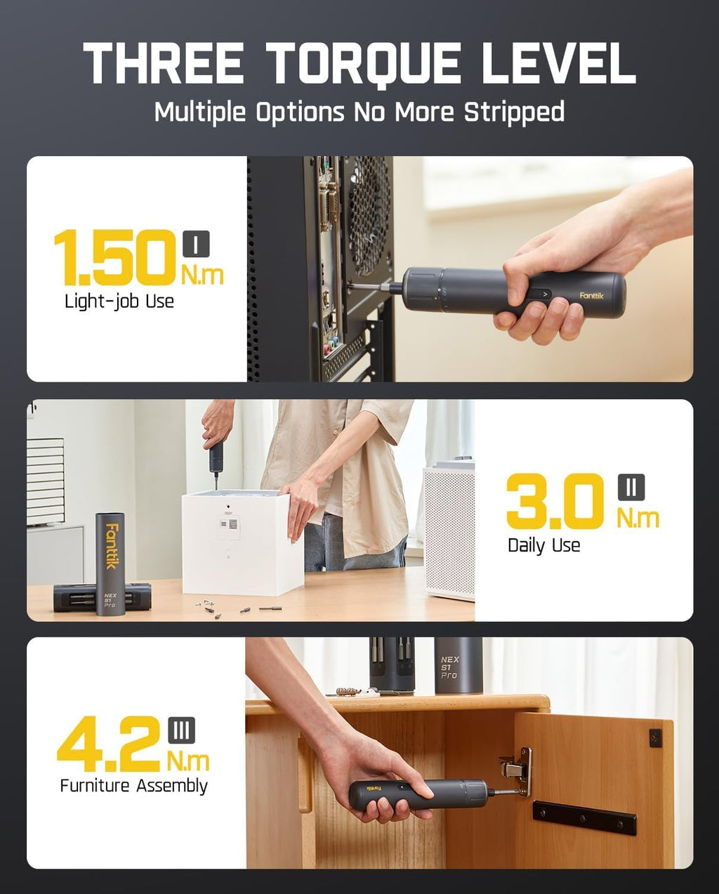 Fanttik S1 Pro Electric Screwdriver, Power Screwdriver with16 S2 Steel Bits, 3 Torque Settings, Max 6 N.m, 2000mAh Battery, LED Light & 1/4''Hex, Ideal Tool for Furniture & Gaming PC