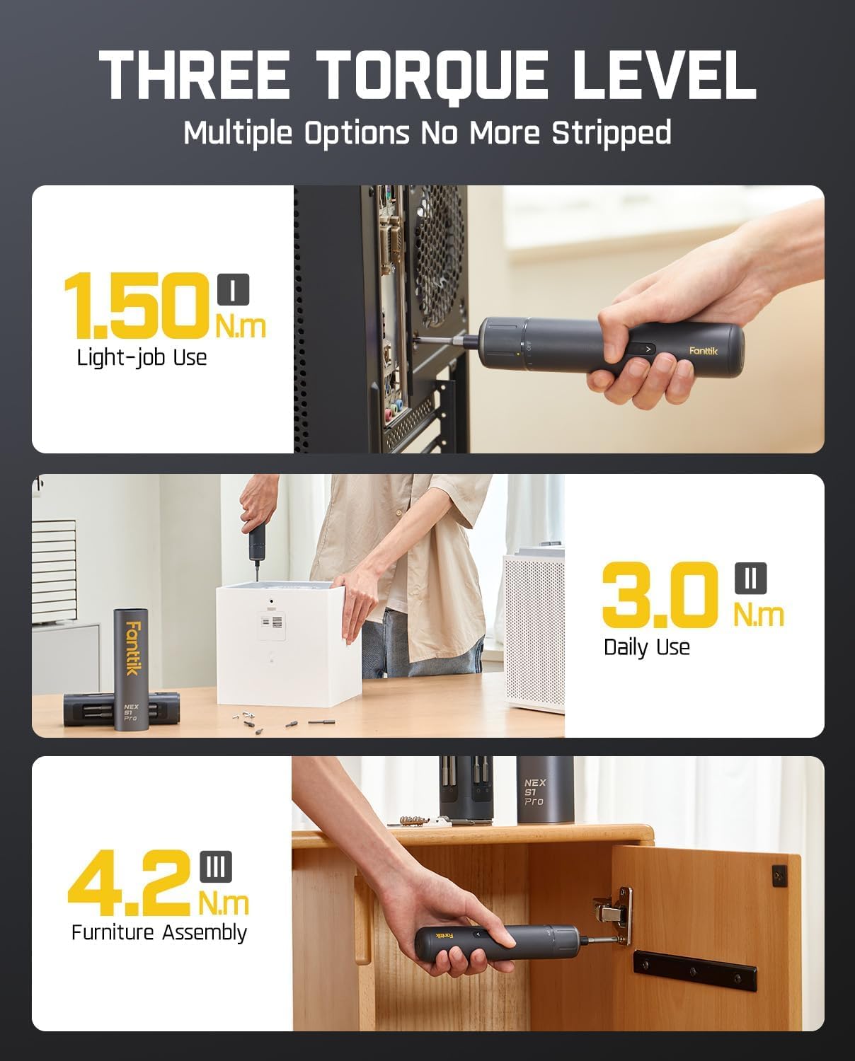 Fanttik S1 Pro Electric Screwdriver, Power Screwdriver with16 S2 Steel Bits, 3 Torque Settings, Max 6 N.m, 2000mAh Battery, LED Light & 1/4''Hex, Ideal Tool for Furniture & Gaming PC