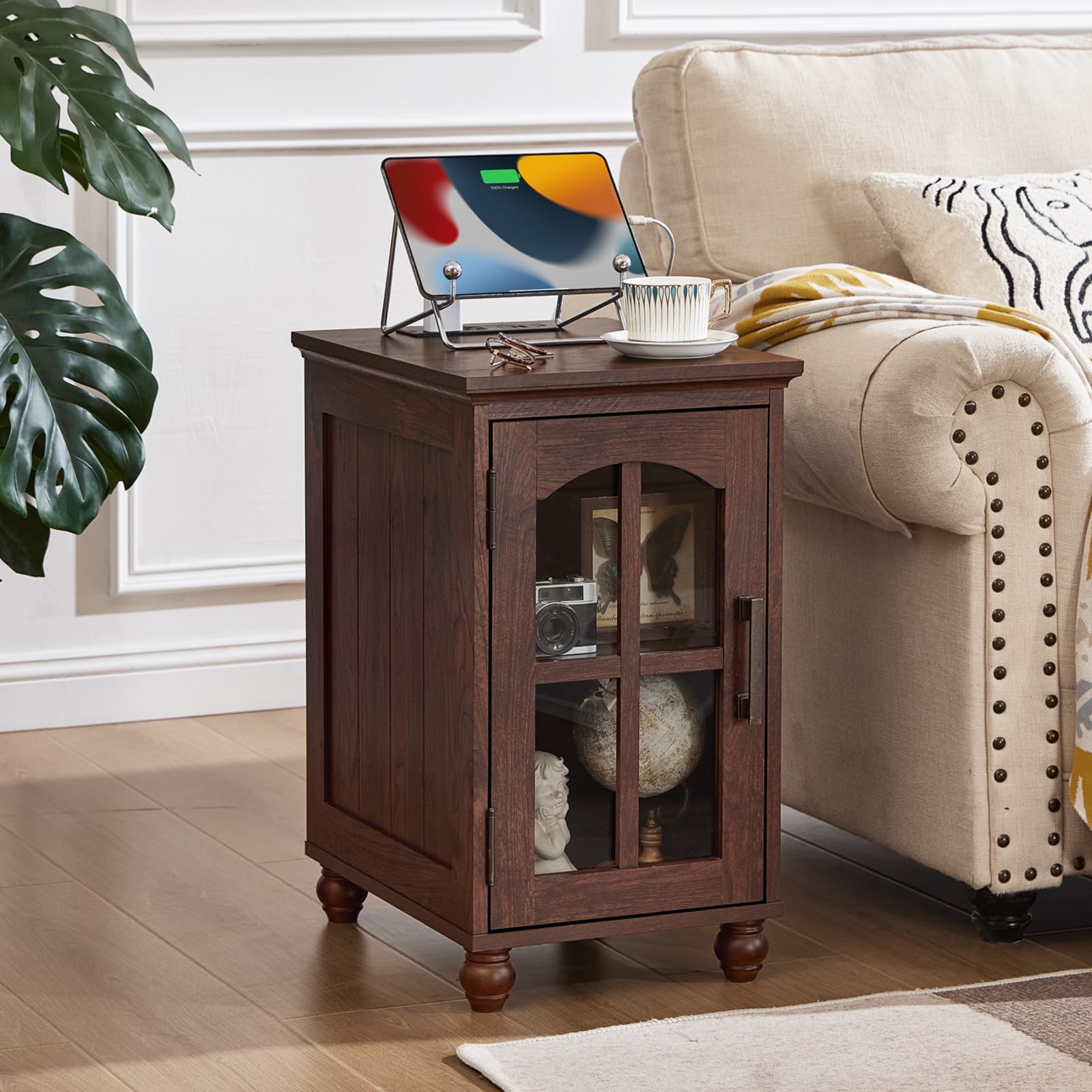 Narrow Side Table,Farmhouse Nightstand with Charging Station,Wood End Table with Glass Barn Door Storage, Cabinet Organizer with Adjustable Shelf, Night Stand for Small Spaces for Living Room Bedroom
