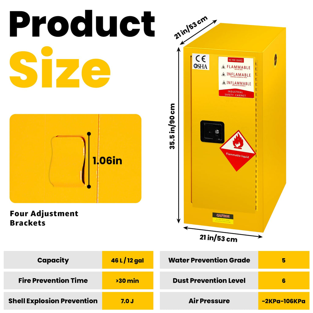16 Gallon Flammable Storage Cabinet 18"x18"x23", Galvanized Steel, Flammable Safety Cabinet with Adjustable Shelf, for Industrial and Home Use, Yellow