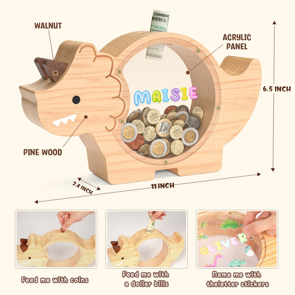 Summidate Wooden Dinosaur Piggy Bank for Kids Boys, Cute Wood Dino Money Bank for Toddlers, Creative Saving Coin Jar, Personalized Present for Child Birthday & Decor (Brachiosaurus, Custom)