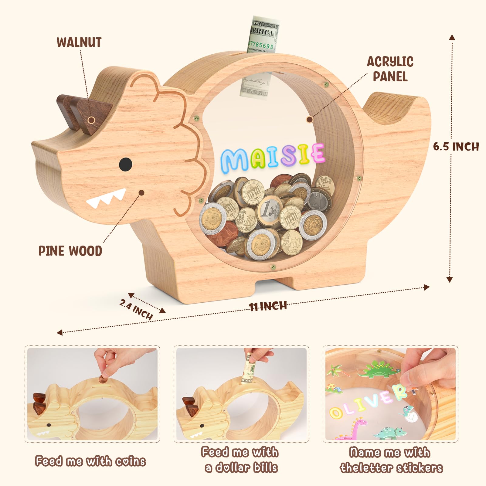 Summidate Wooden Dinosaur Piggy Bank for Kids Boys, Cute Wood Dino Money Bank for Toddlers, Creative Saving Coin Jar, Personalized Present for Child Birthday & Decor (Brachiosaurus, Custom)