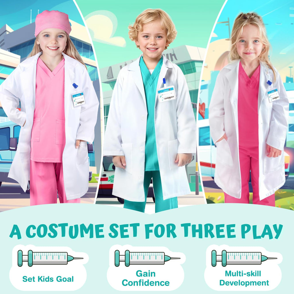 YADIYA Doctor Costume for Kids Scrubs Real Stethoscope Lab Coat Halloween Costumes Career Day Costume For Kids Girls 3-12