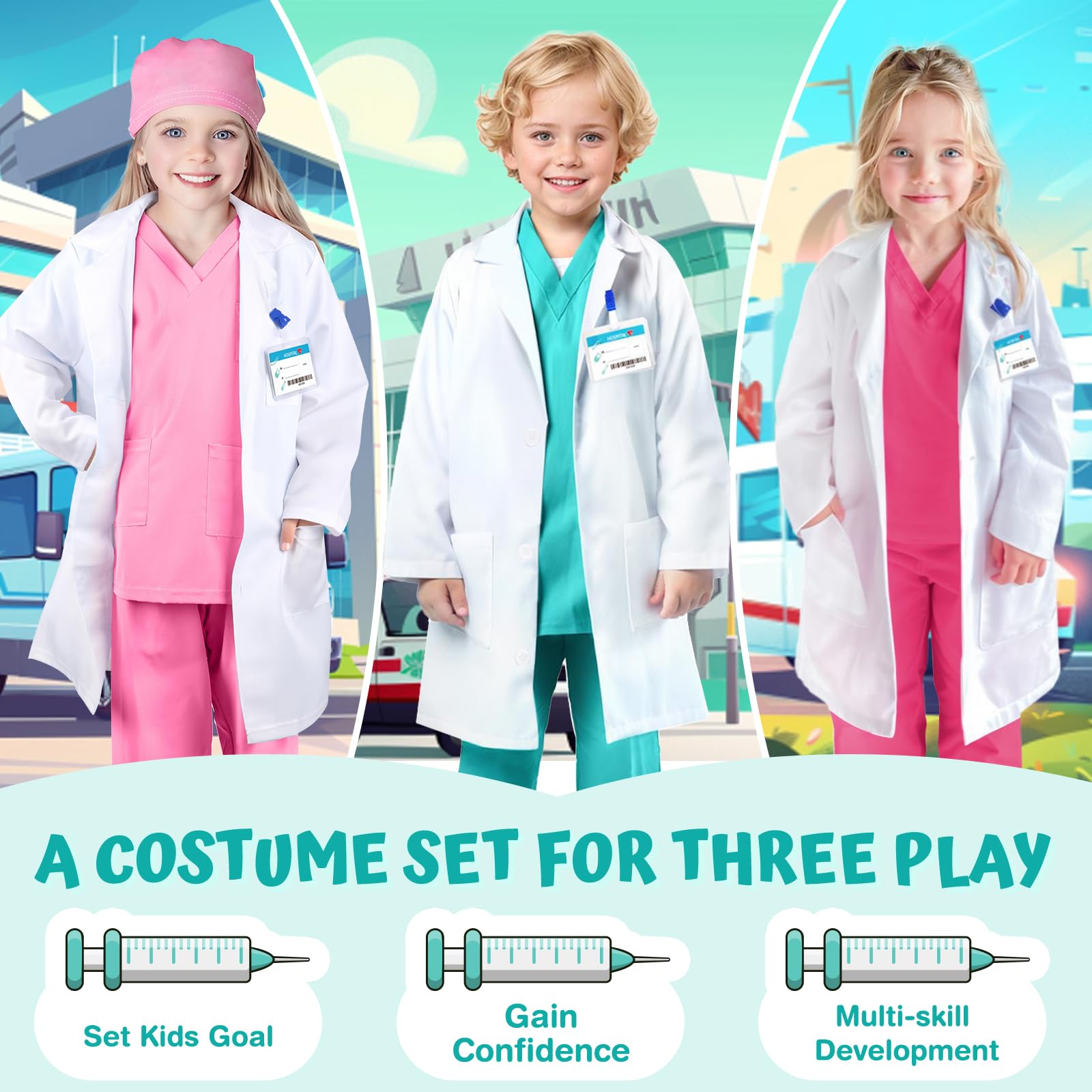 YADIYA Doctor Costume for Kids Scrubs Real Stethoscope Lab Coat Halloween Costumes Career Day Costume For Kids Girls 3-12
