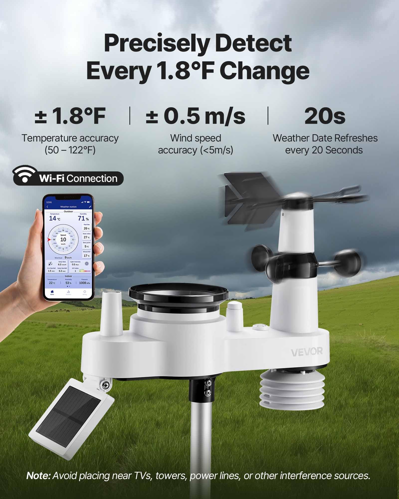 VEVOR 5-in-1 Wireless Weather Station, 7.5-Inch VA Display, Solar Powered Outdoor Sensor, Rain Gauge, Indoor Outdoor for Weather Forecast, Temperature, Humidity, Wind Speed and Direction (No WiFi)