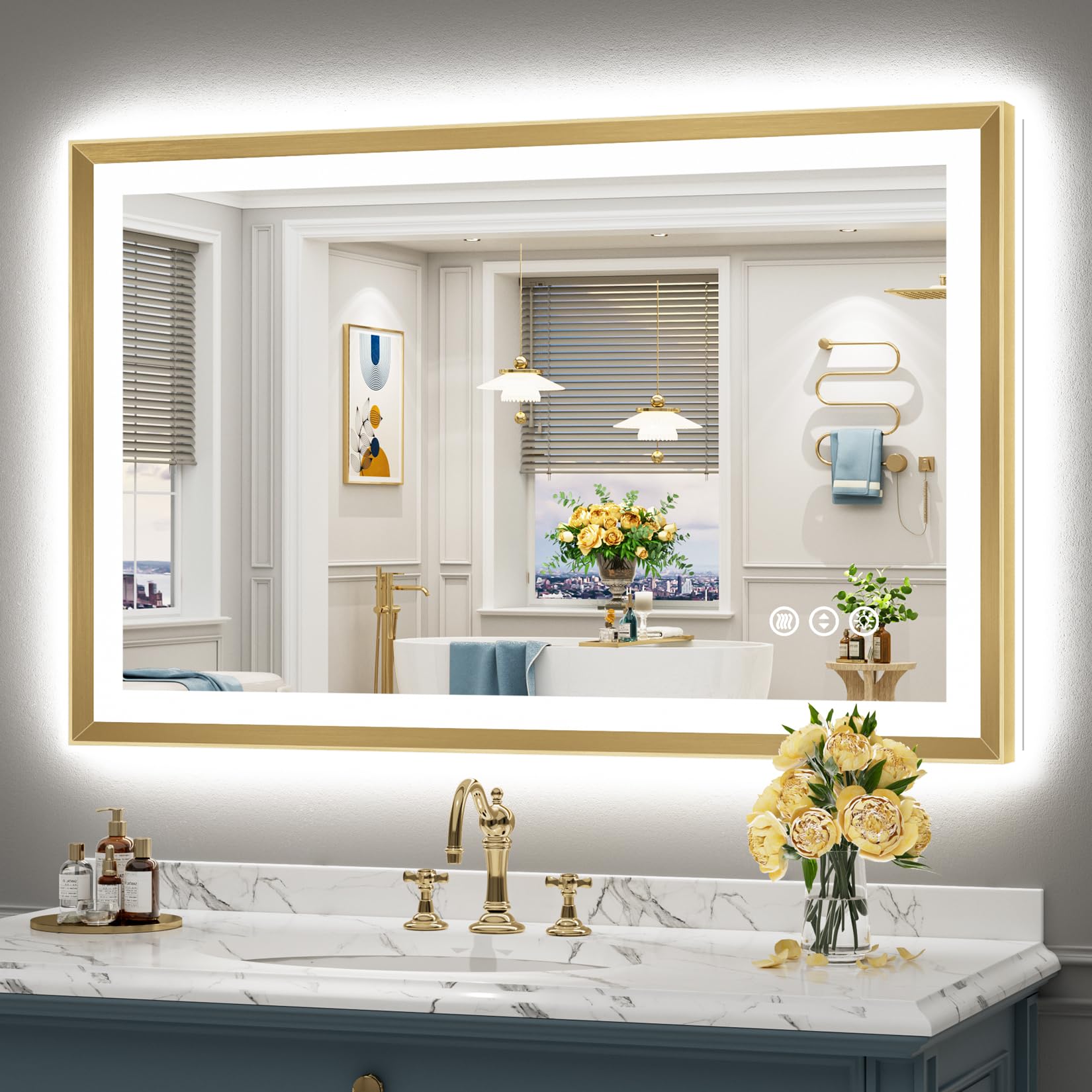 24x36 Gold Beveled LED Bathroom Mirror with Lights, Brushed Gold Framed Backlit and Front Lit Anti-Fog Lighted Vanity Mirrors for Bathroom Wall, Dimmable, 3 Colors, Memory, HD Tempered Glass
