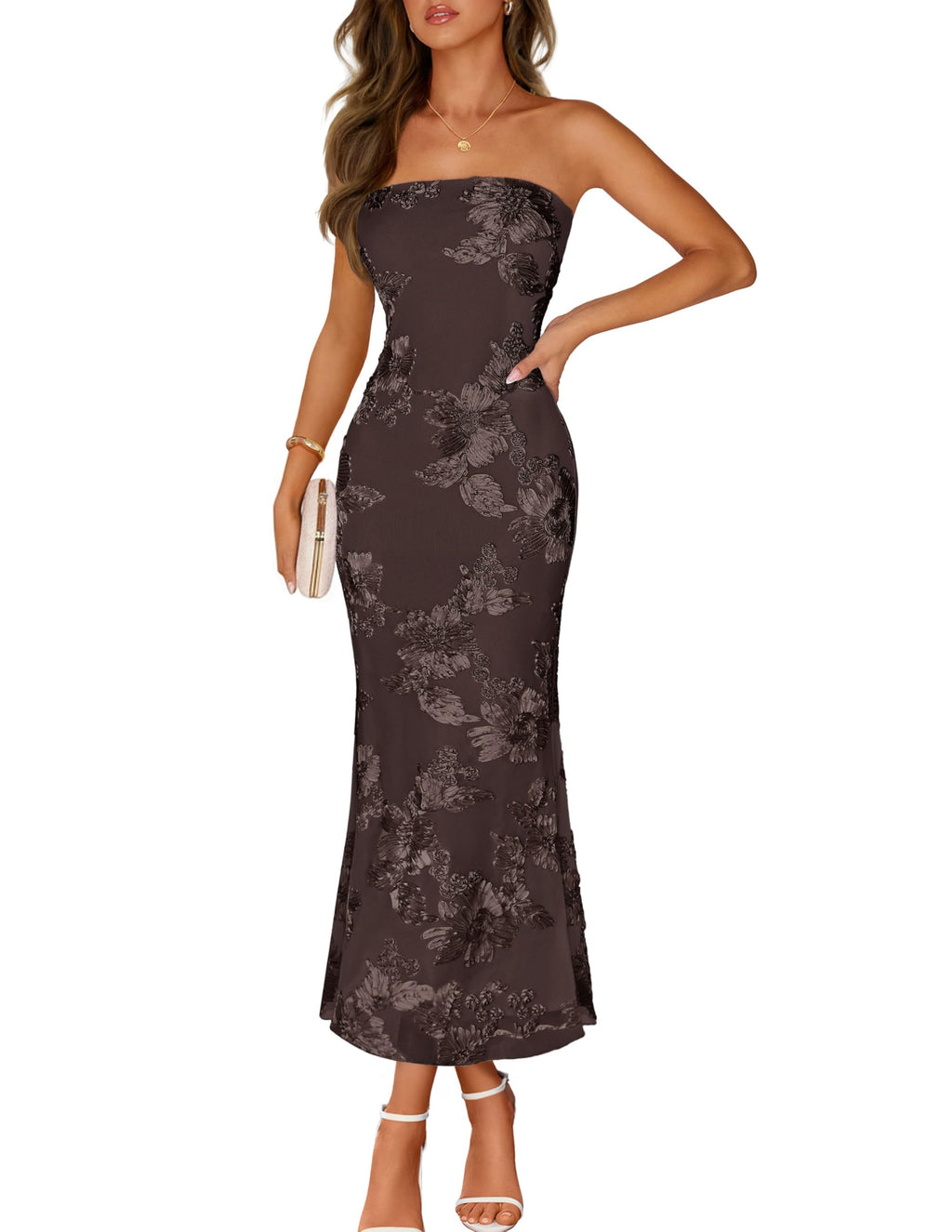 MEROKEETY Women's Floral Strapless Maxi Dress 2026 Summer Mesh Tube Bodycon Formal Wedding Guest Cocktail Party Long Dresses