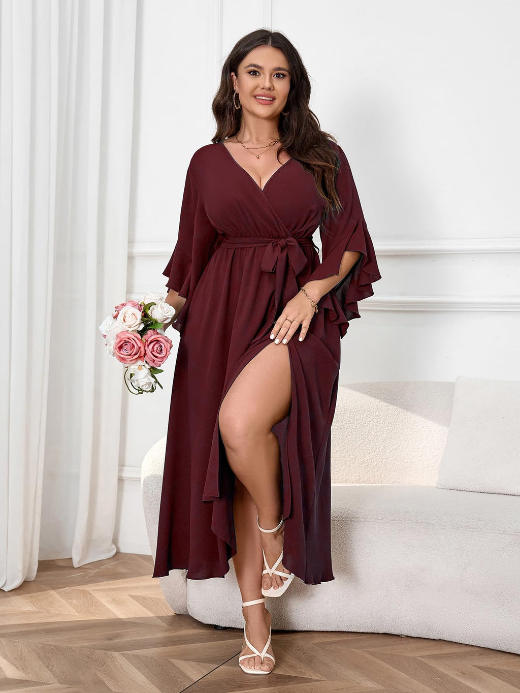 Womens Plus Size Dress Wedding Guest Cocktail Ruffle Half Sleeve Wrap V Neck Slit A Line Maxi Dresses with Belt