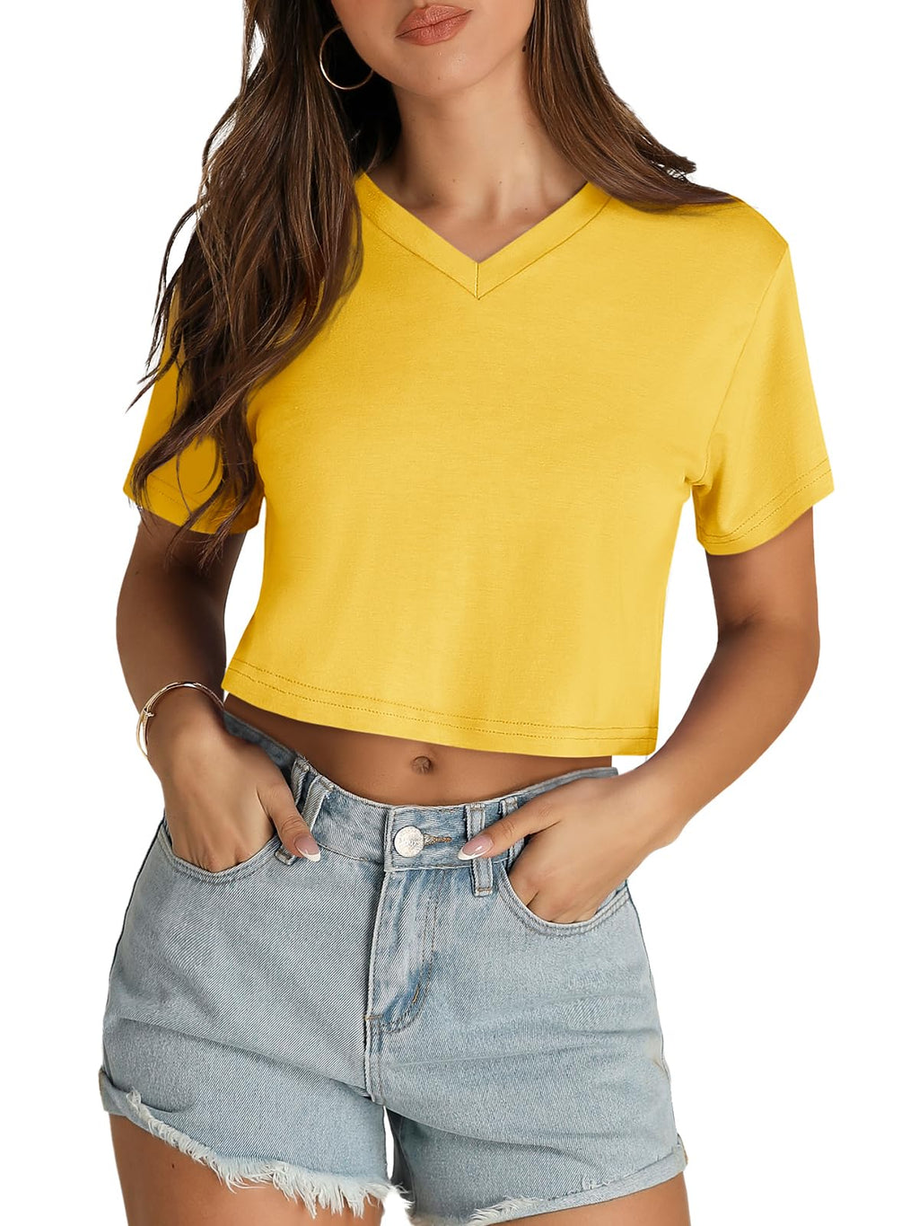 Womens Crop Tops Summer Baisc Tees V Neck T Shirts Casual Short Sleeve Cropped Top 2026