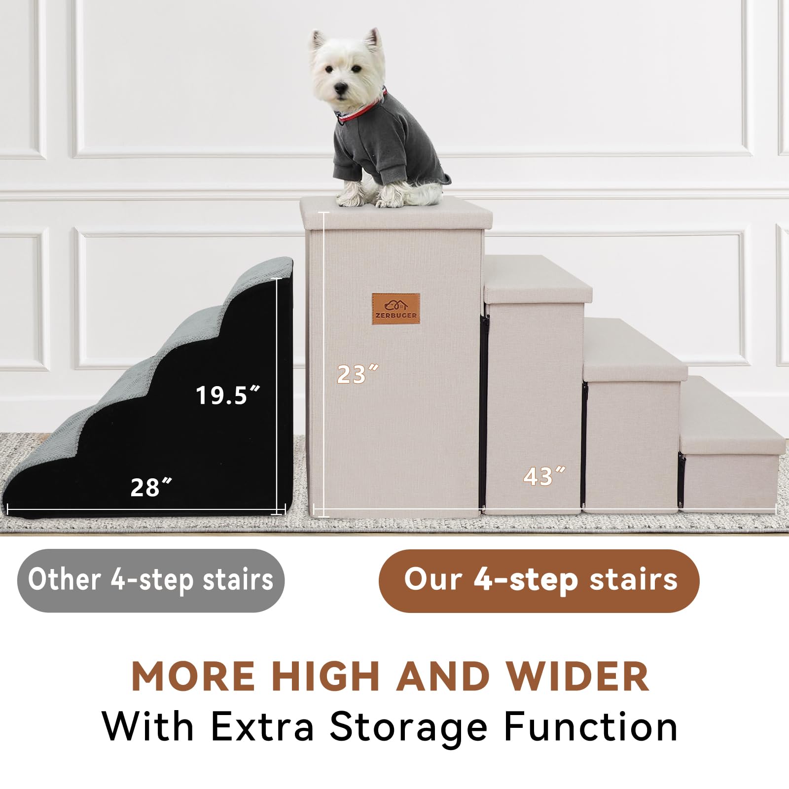 Zerbuger Dog Stairs with Condo 15" H, 2-Step Wider Dog Steps for Small/Medium/Large Old Dogs Cats, Folding Sturdy Storage Pet Stairs Climbing Bed Couch, Ramp for Car Hold Up to 150 lbs, Beige
