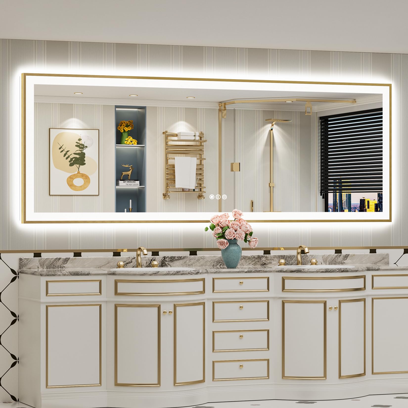 24x36 Gold Beveled LED Bathroom Mirror with Lights, Brushed Gold Framed Backlit and Front Lit Anti-Fog Lighted Vanity Mirrors for Bathroom Wall, Dimmable, 3 Colors, Memory, HD Tempered Glass