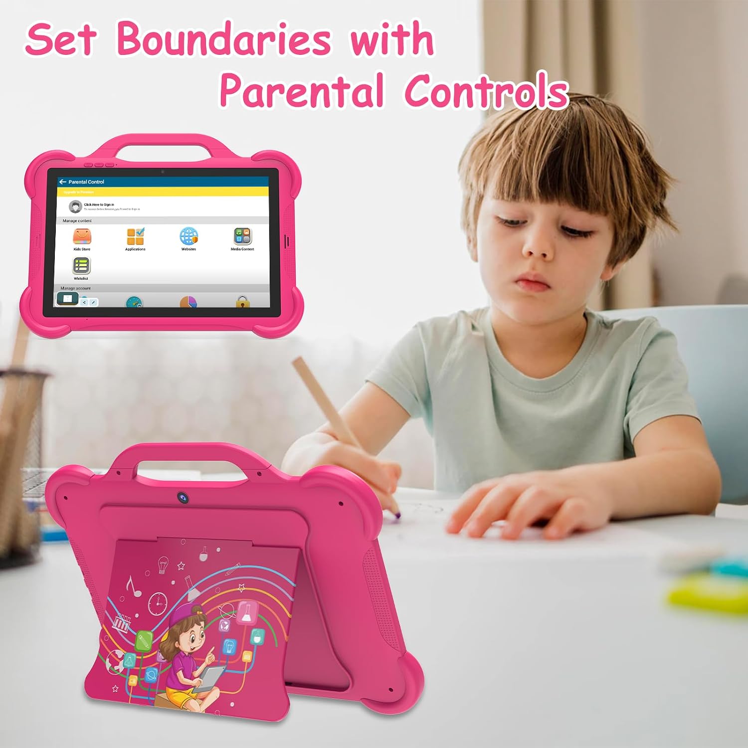 PEICHENG Kids Tablet, Android 14.0 10" Tablets for Kids, Parental Control Toddler Tablet with case Included 2+8MP Dual Camera, HD Screen, Pre-Installed Kids APPs (1PCS, Pink)