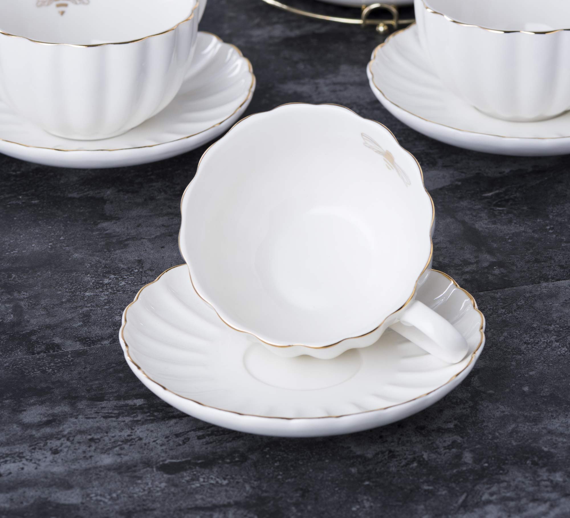 Jusalpha Serve for 6- Fine China Pink Coffee Cup/Teacup Set, 8 OZ Cups& Saucer, with Teapot-Sugar Bowl-Cream Pitcher Teaspoons and tea strainer for Tea/Coffee (Lavender, Serve of 6)