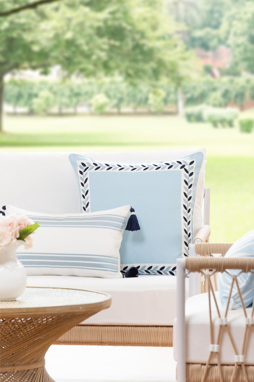 Hofdeco Premium Coastal Patio Indoor Outdoor Lumbar Pillow Cover Only, 12"x20" Water Repellent for Backyard, Couch, Baby Blue Green Floral with Piping