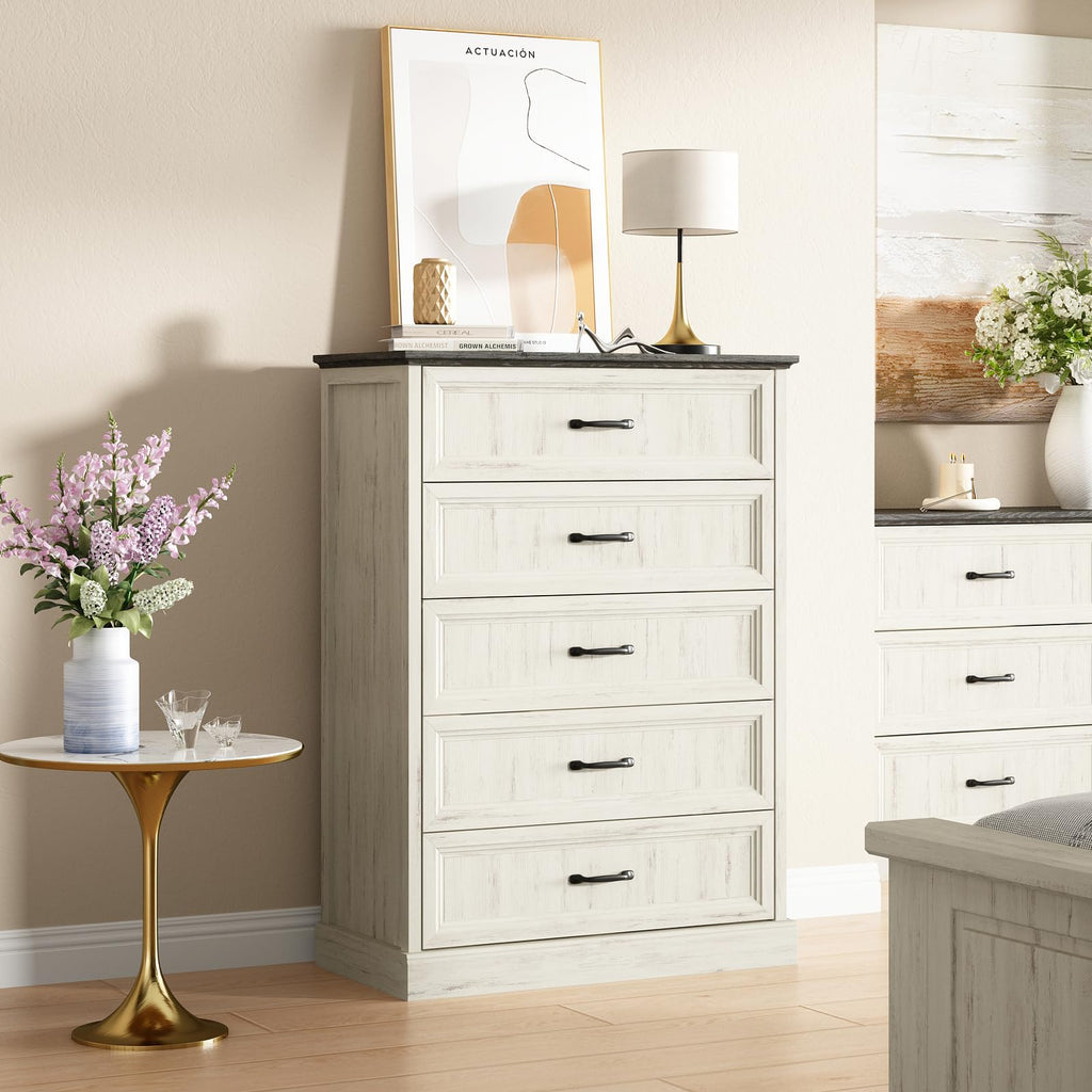 Farmhouse 5 Drawers Dresser for Bedroom, 44" Tall Brown dresser Wood Rustic Chest of Drawers with Wide Metal Handle,Natural Texture,Drawer Organizer for Bedroom,Living Room,Hallway and Entryway