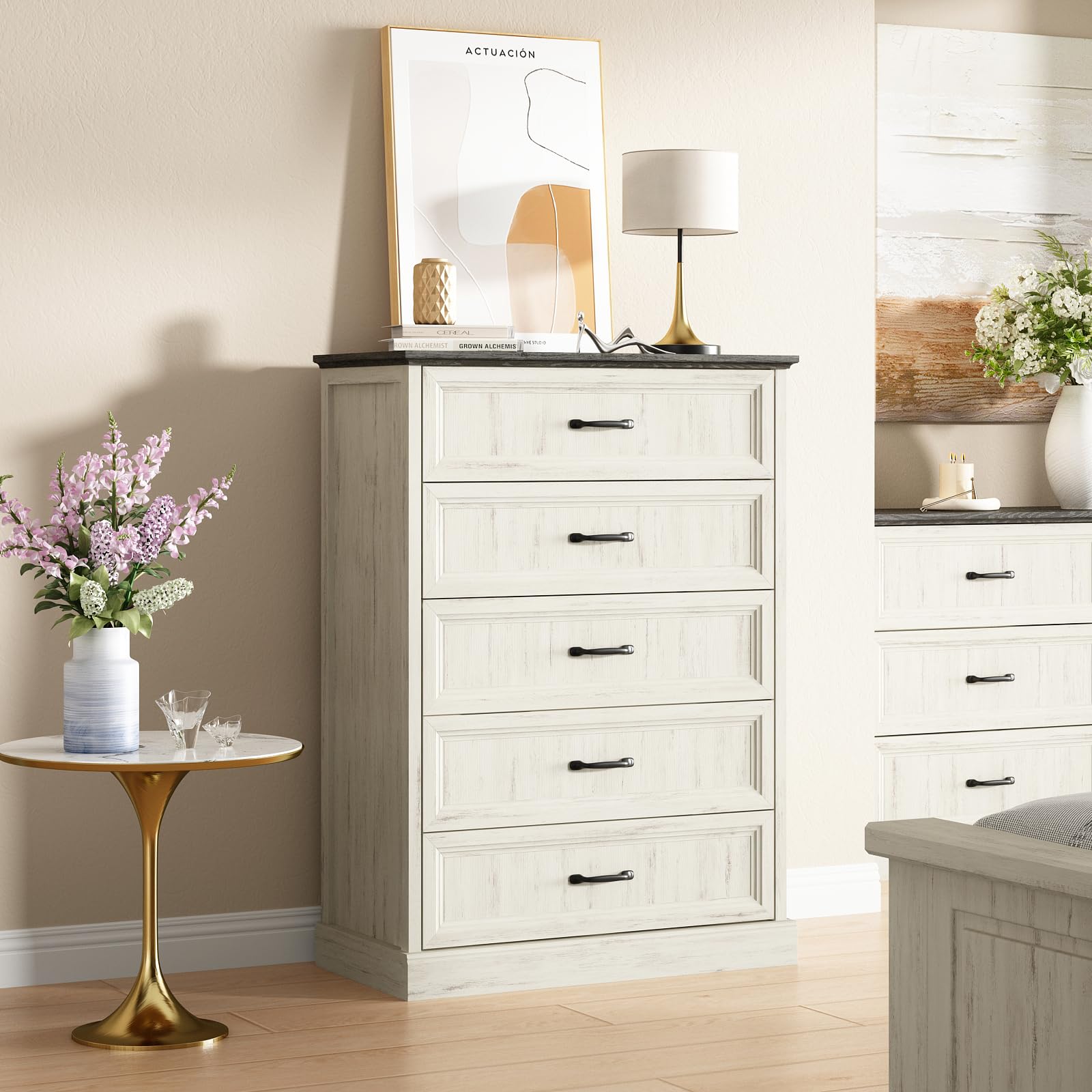 Farmhouse 5 Drawers Dresser for Bedroom, 44" Tall Brown dresser Wood Rustic Chest of Drawers with Wide Metal Handle,Natural Texture,Drawer Organizer for Bedroom,Living Room,Hallway and Entryway