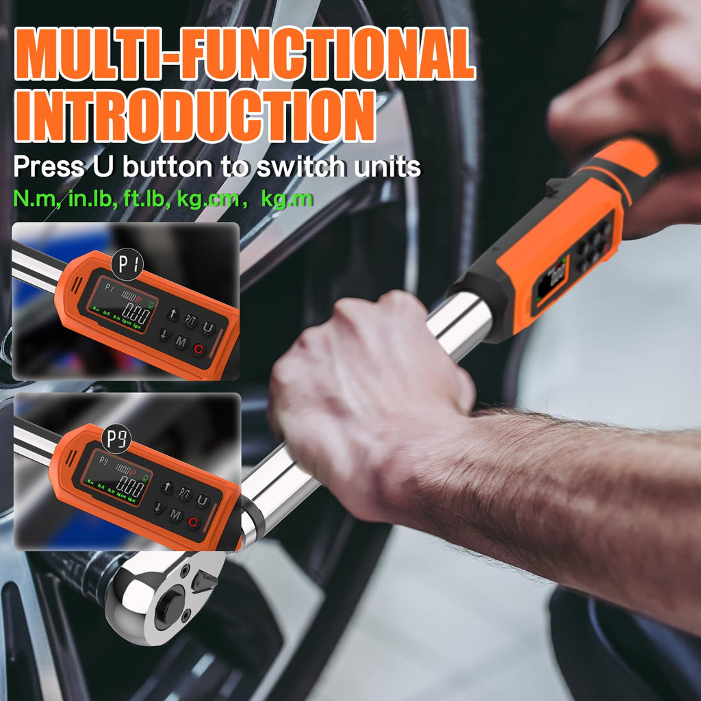 Digital Torque Wrench, 1/2 Drive Electronic Torque Screwdriver with Preset Value(3.76-250.8 Ft.lbs./5.1-340Nm), Buzzer and LED Flash Five Units of Measure Torque Wrench for Motorcycle, Auto Repair