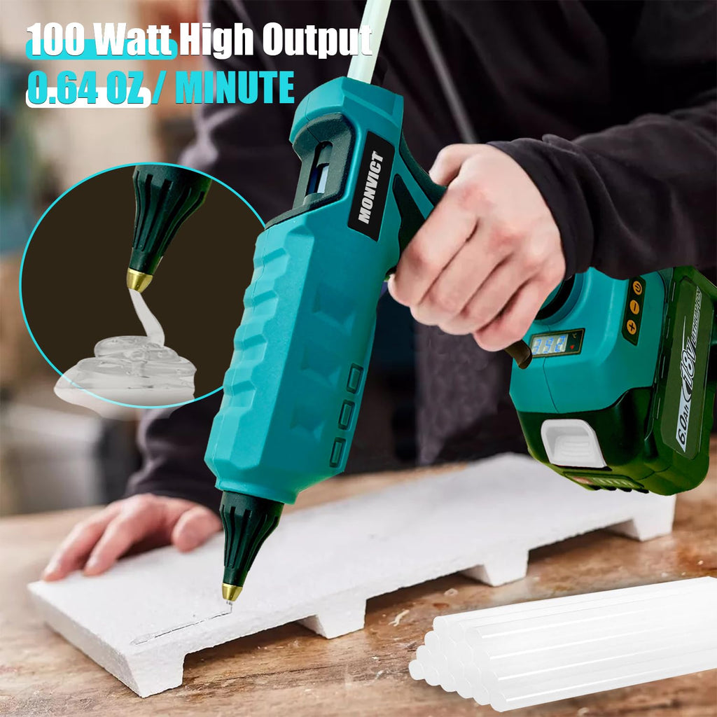 MONVICT Cordless Glue Gun for Dewalt 20V Battery, Upgraded 100W Digital Temperature Adjustable Handheld Electric Power Full Size Heavy Duty Hot Glue Gun with 10 Glue Sticks (Battery Not Included)